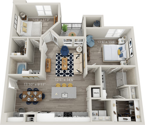 B3 - Luxury two bedroom apartment with living room kitchen with island laundry room two bathrooms with bathtub and shower walk in closet and patio with storage